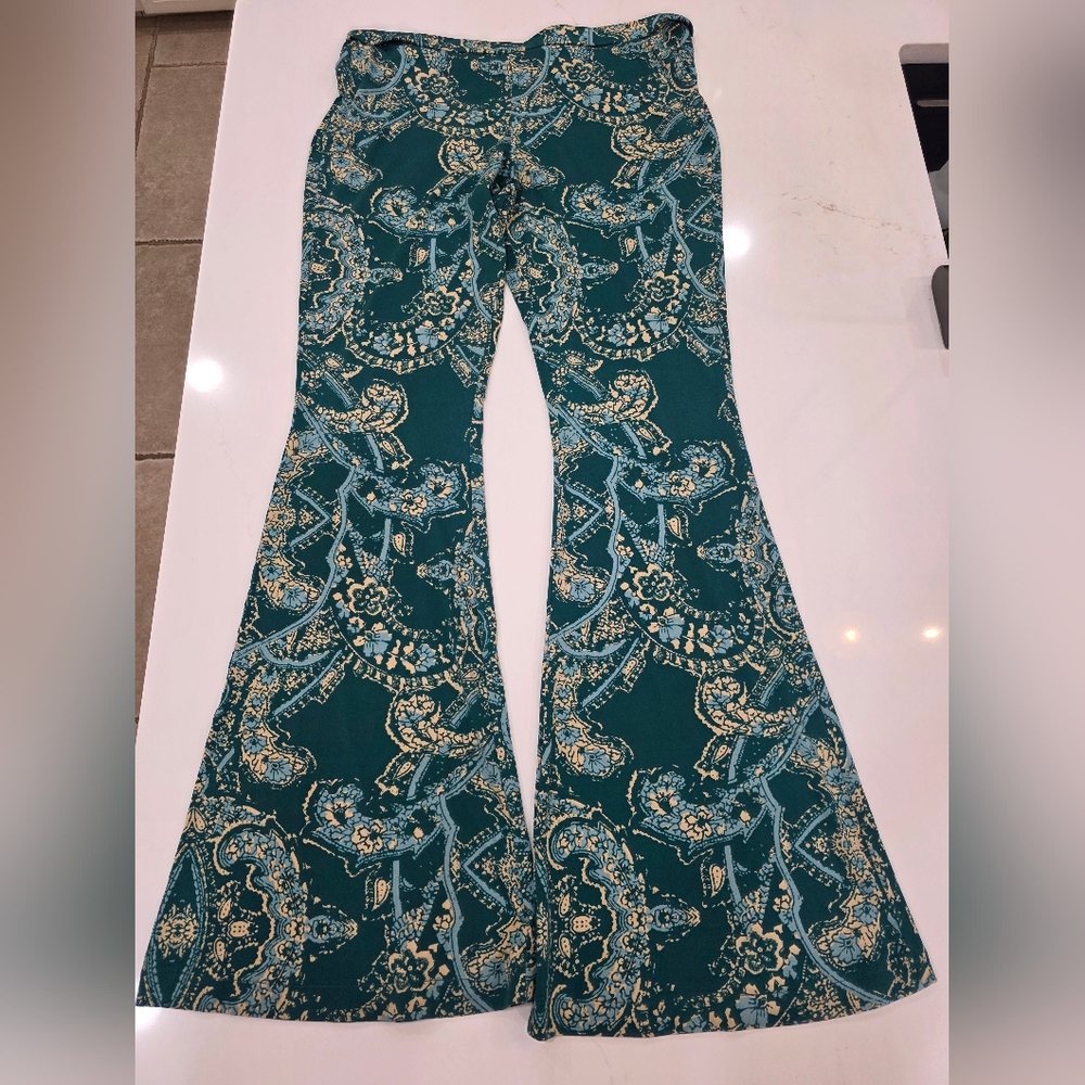 Free People Teal and Yellow Paisley Palazzo Pants